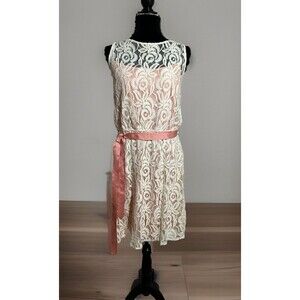 Sienastudio Lace Overlay A Line Dress Peach Under With Ribbon Sash. Size 16 New